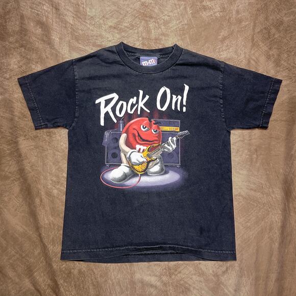 M&Ms Rock On Novelty T-Shirt Black Graphic Tee Rockstar Guitar Youth M Candy Y2K - Picture 1 of 7